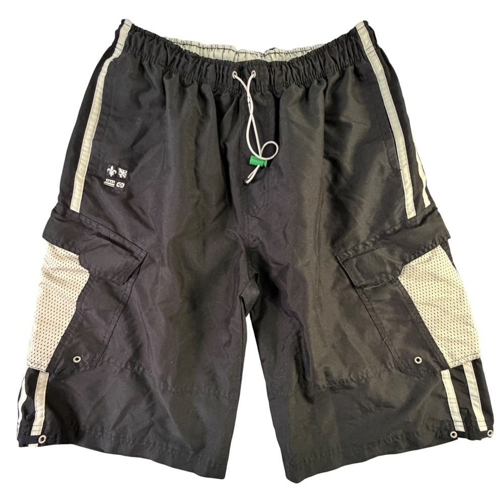 OTB Mens Black Cargo Shorts Mesh Trim Drawstring Waist Y2K Size Medium Sporty